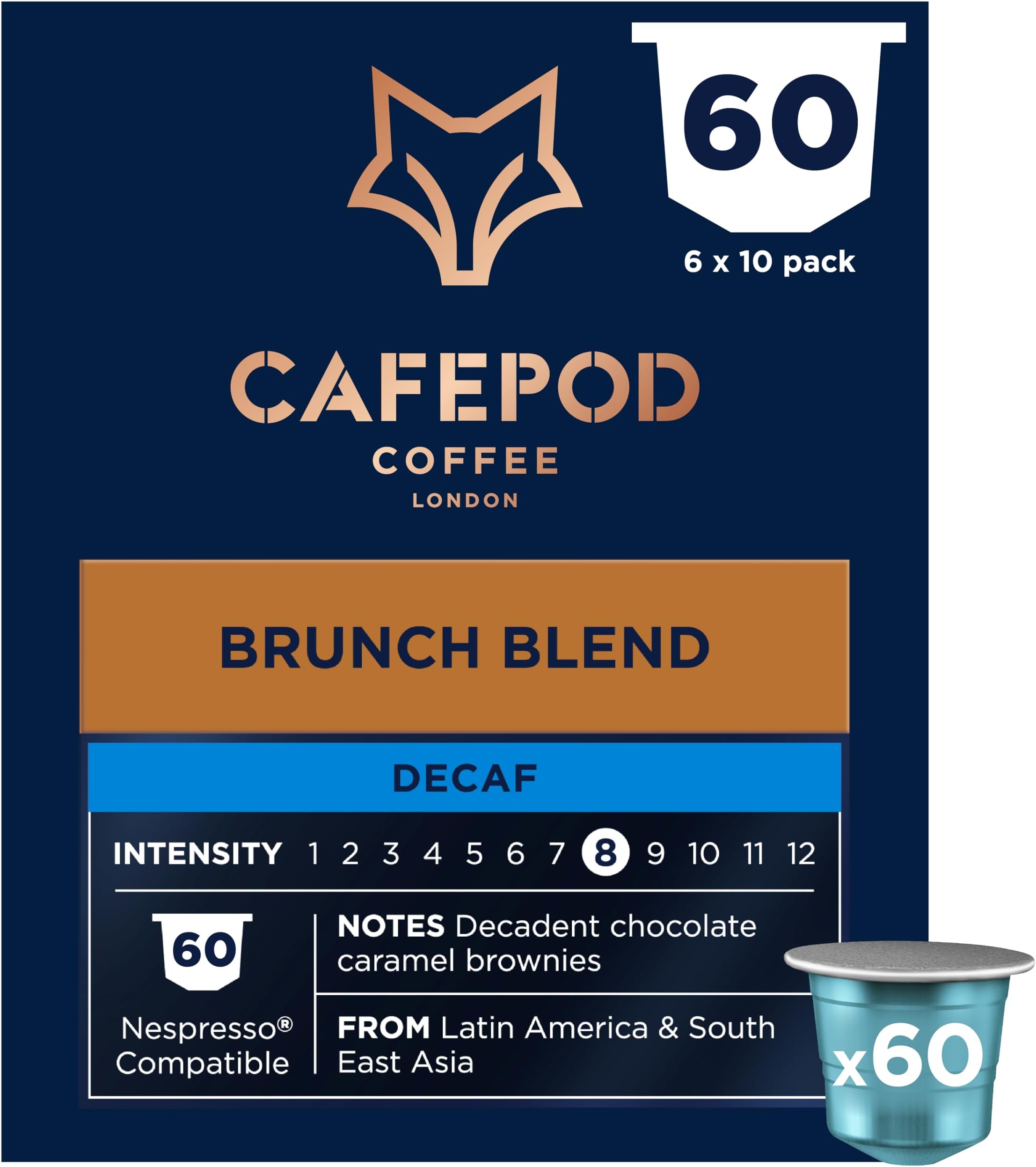 Lungo Decaf Coffee Pods - Compatible with Nespresso Coffee Machine, Intensity 9 with Chocolate Caramel Brownie Notes - Rainforest Alliance Sourced - Decaf Brunch Blend 60 Capsules