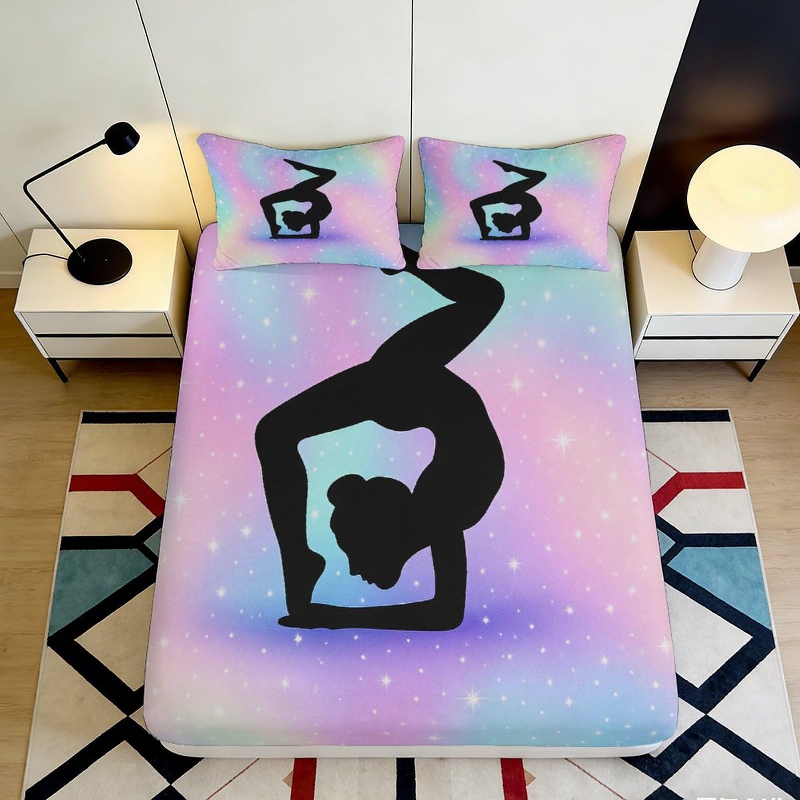 3D Printed Gradient Pastel Yoga Silhouette Fitted Sheet Microfiber Mattress Cover Bedroom Dorm Decorative Anti-Slip Washable 90x200x25cm