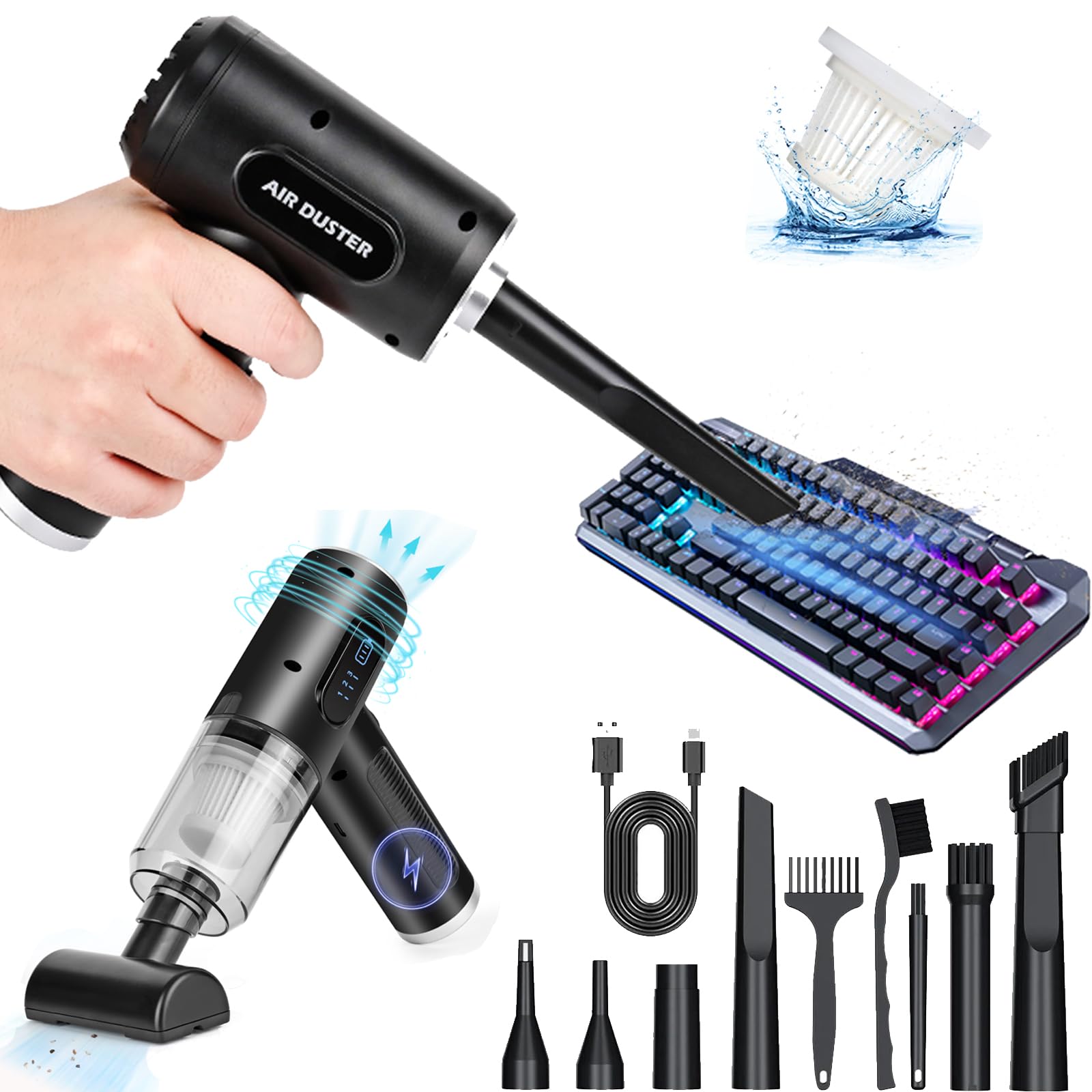 Mini Aspirador para Coche Vankarr 2 en 1 Aspiradora de Mano sin Cable Muy Potente 6000PA Succión y Soplador de Polvo para Coche, Sofas, PC, Pelo de Mascotas