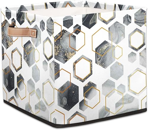 Cubo de almacenamiento de mármol geométrico de 13 x 13 x 13 pulgadas, cubos de almacenamiento plegables de tela de mármol moderna con asas de