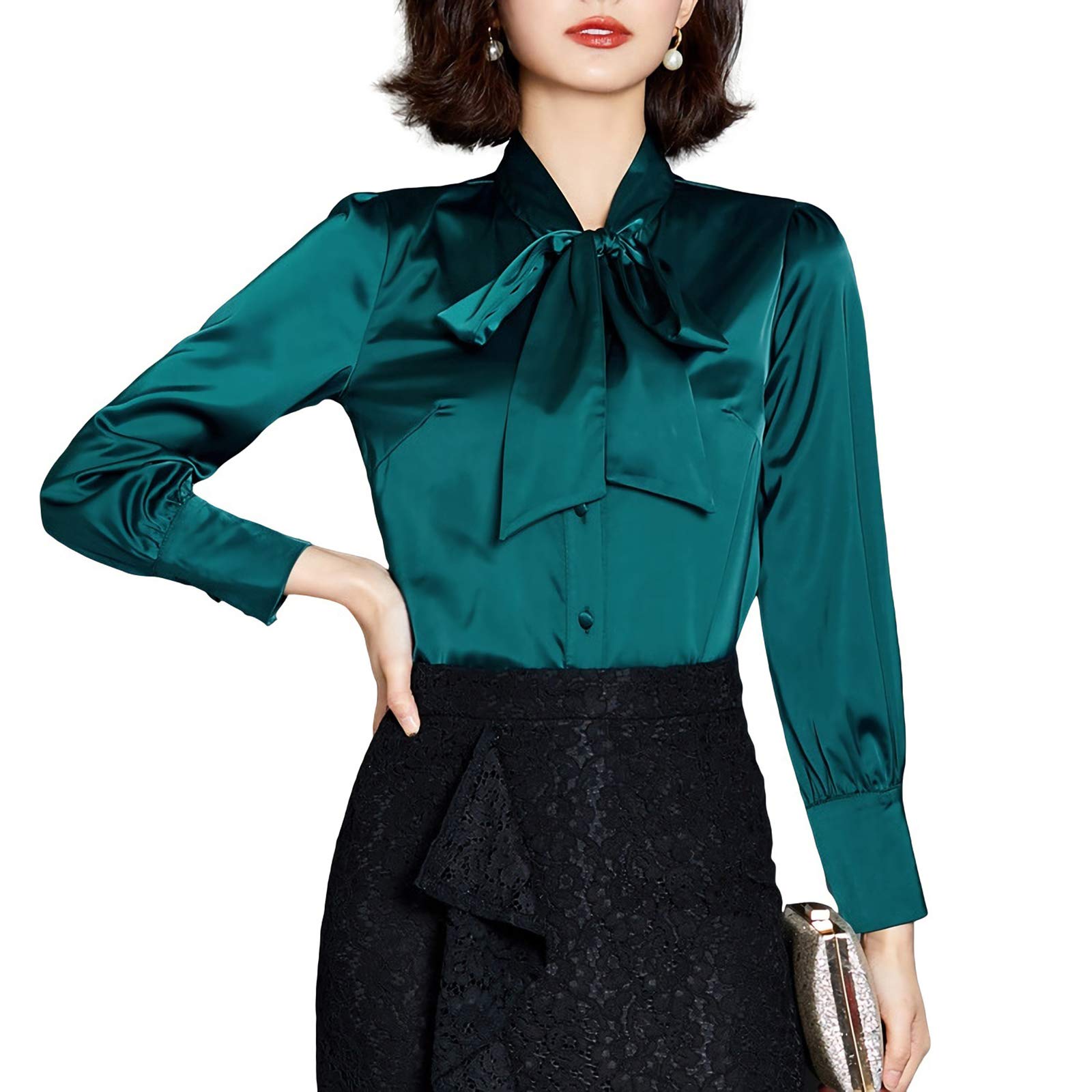 X-xyA New Women's Bow Knot Silk Satin Blouse Spring Loose Long Sleeve Satin  Shirt Tops, Green, L : Amazon.de: Fashion
