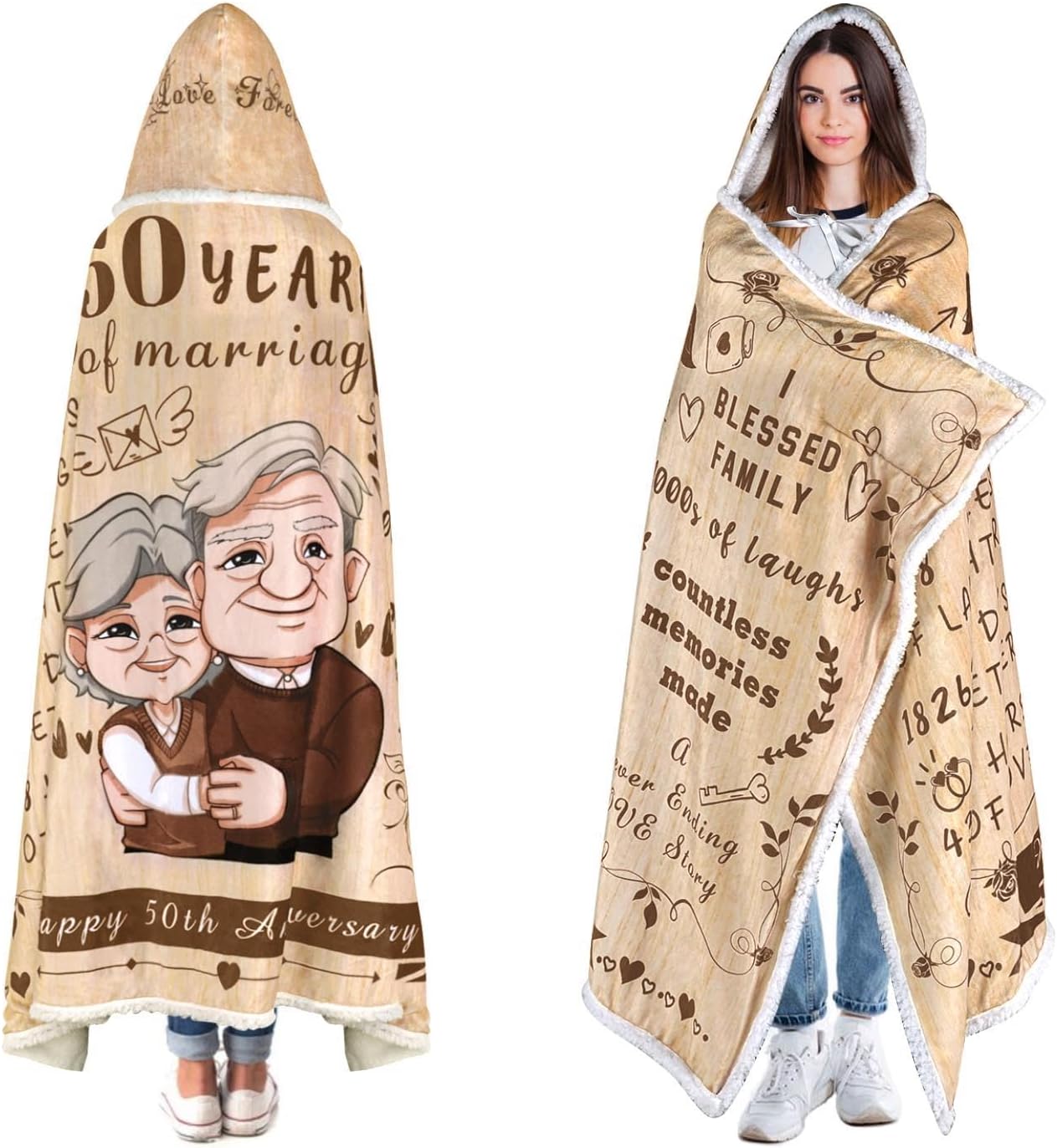 50th Anniversary Wedding Valentine's Day Gifts, Doubleside Wearable Blanket Hoodie Gift for Golden 50 Year Marriage Gifts for Women Man Couples, Dad Mom Golden Gifts Ideas from Daughter Son