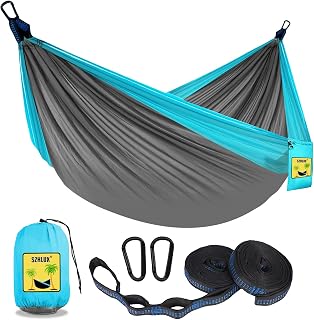 SZHLUX Double Camping Hammock with Tree Straps, 400lb Capacity Portable Nylon Hammock for 2 Adults, Beach Backyard Travel - Light Grey/Sky Blue