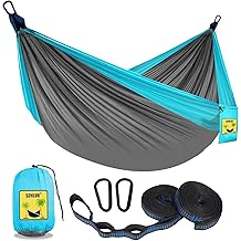 SZHLUX Camping Hammock Double &amp; Single Portable Hammocks with 2 Tree Straps and Attached Carry Bag,Great for Outdoor,Indoor,Beach,Camping,Light Grey / Sky Blue