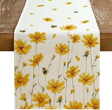 GEEORY Spring Table Runner 13x72 Inches, Daisy & Bee Floral Table Runner, Summer Farmhouse Decor for Kitchen Dining Table, Indoor Outdoor Patio & Home Party