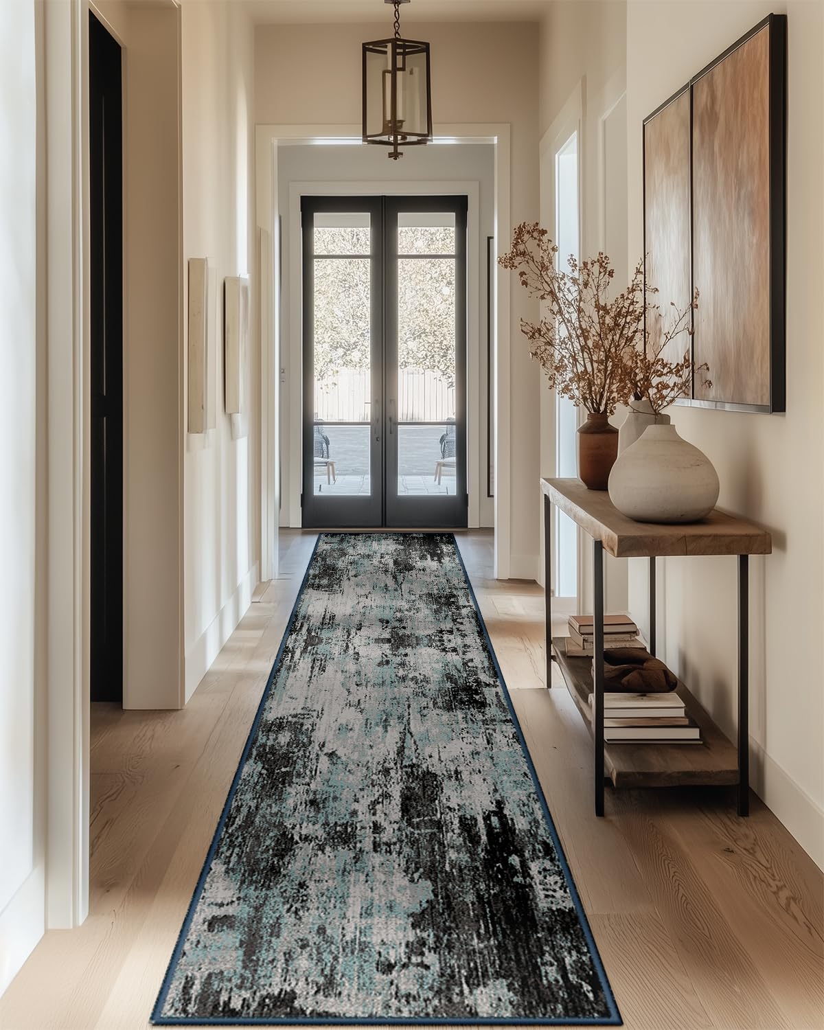 DEFYNEE Alfombra antideslizante de pelo corto, 60 x 180 cm, lavable, plegable, diseño abstracto, para pasillo, cocina, salón y oficina, color azul y negro OEKO-TEX STANDARD 100