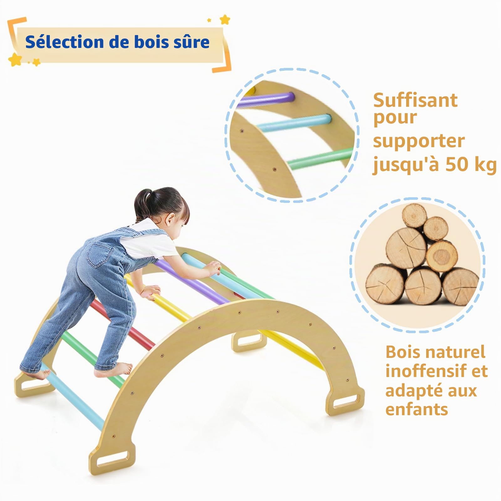 LIFEZEAL 3 en 1 Arche d'escalade en Bois, Carde à Grimper pour Enfants Intérieur, Bateau à Bascule avec Coussin Doux à Double Face, Charge de 50 kg, 1+ Ans,Coloré