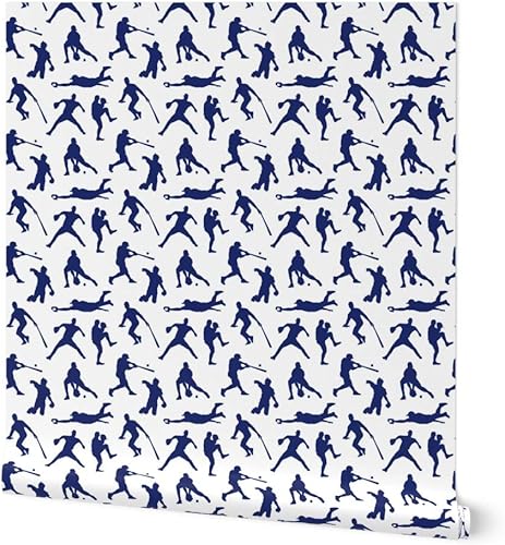 Spoonflower Papel tapiz autoadhesivo de 6 x 2 pies - Jugadores de béisbol azul oscuro Deportes Hombres Thin Line Kids Papel tapiz extraíble