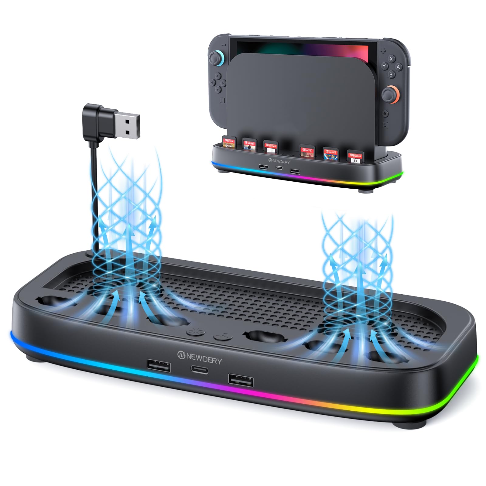 NEWDERY chłodnica do Nintendo Switch 2 Dock, miejsce na 6 kart gier i 3 wyjścia USB, chłodnica Switch 2 z oświetleniem RGB, wentylator dual z 3-stopniową regulacją, stacja chłodzenia Switch 2