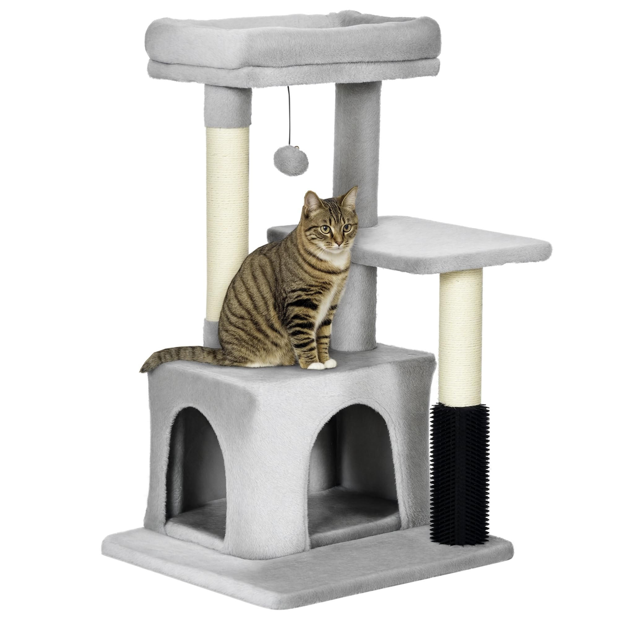 PawHut Arbre à Chat Arbre à Grimper griffoir Massage pour Chat Centre d'activités avec Niche et Plates-Formes Hauteur 85 cm Gris Clair | pour Chat, Centre d'Activités, avec Niche et Plates-Formes