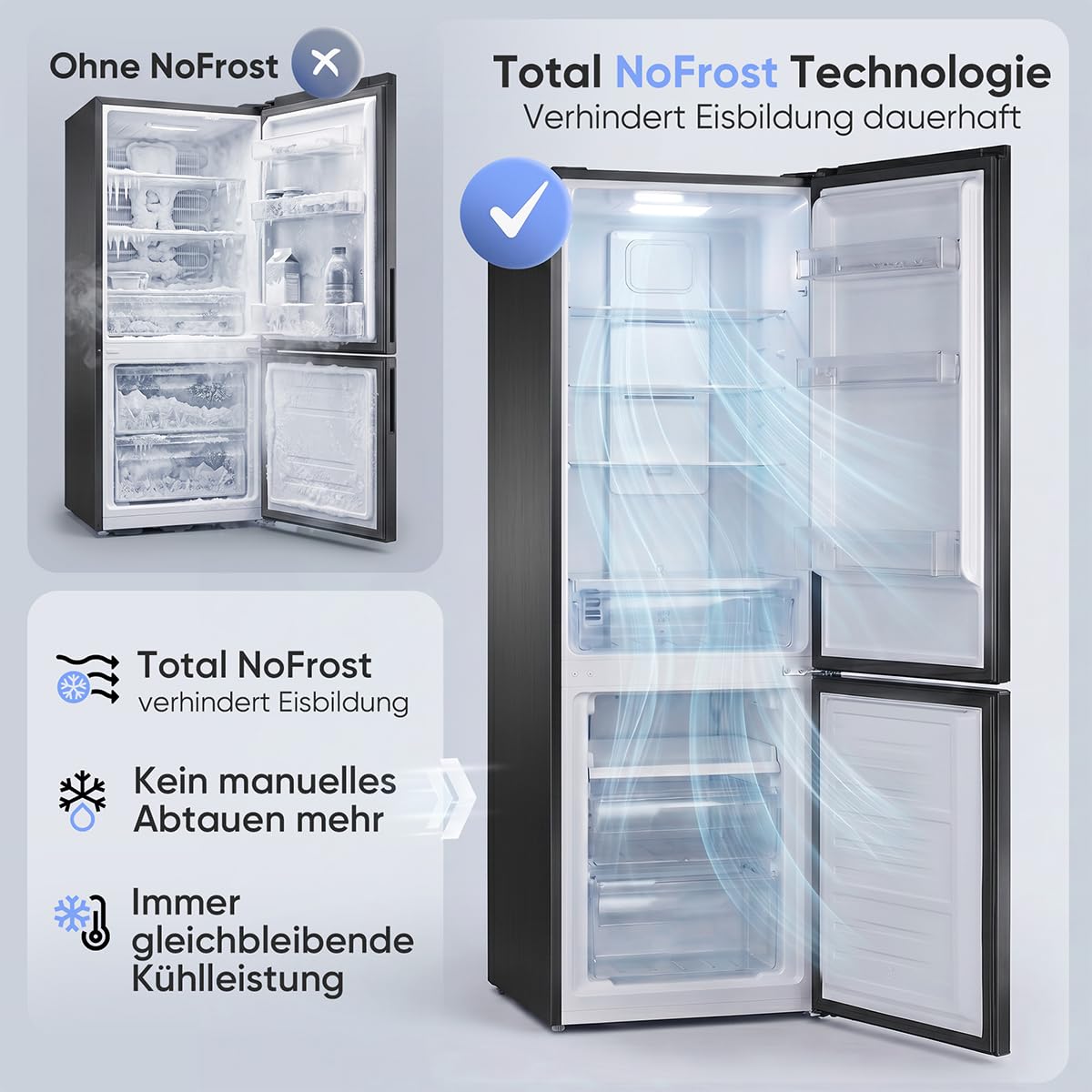 Bomann® Kühlschrank mit Gefrierfach | Energieklasse C | 181cm | NoFrost | 5 Jahre Kompressor-Garantie | Kühl Gefrierkombination No-Frost | Kühlgefrierkombination freistehend | KG 7370 schwarz