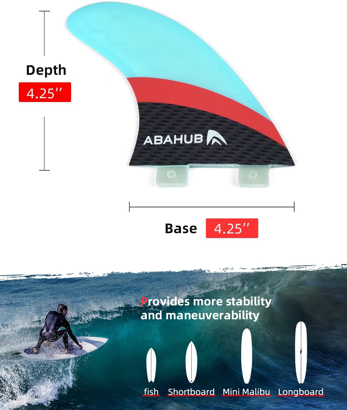 Abahub Surfboard Thruster Fins Set, Compatible with FCS Style Fin Box, Fiberglass Reinforced G5 Surf Fin, 3 Fins for Surf Boards, Surfing Longboard, Shortboard, with Screws and Key, Black/Blue/White