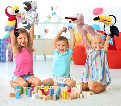 Miniatura 8 de Marioneta de mano de pájaro, marioneta de animal de 13.8 pulgadas, marionetas de mano de pavo real para niños con boca movible, juguete de peluche