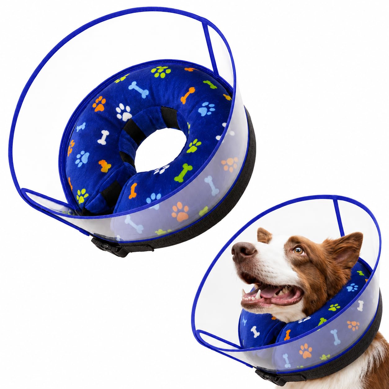 InfiniZer Inflatable Dog Collars for After Surgery 2-in-1 Donut Collar with Detachable Shield Anti-Lick Protection Adjustable Soft Dog Cone for Small Medium Large Pets (Royal Blue, M+)