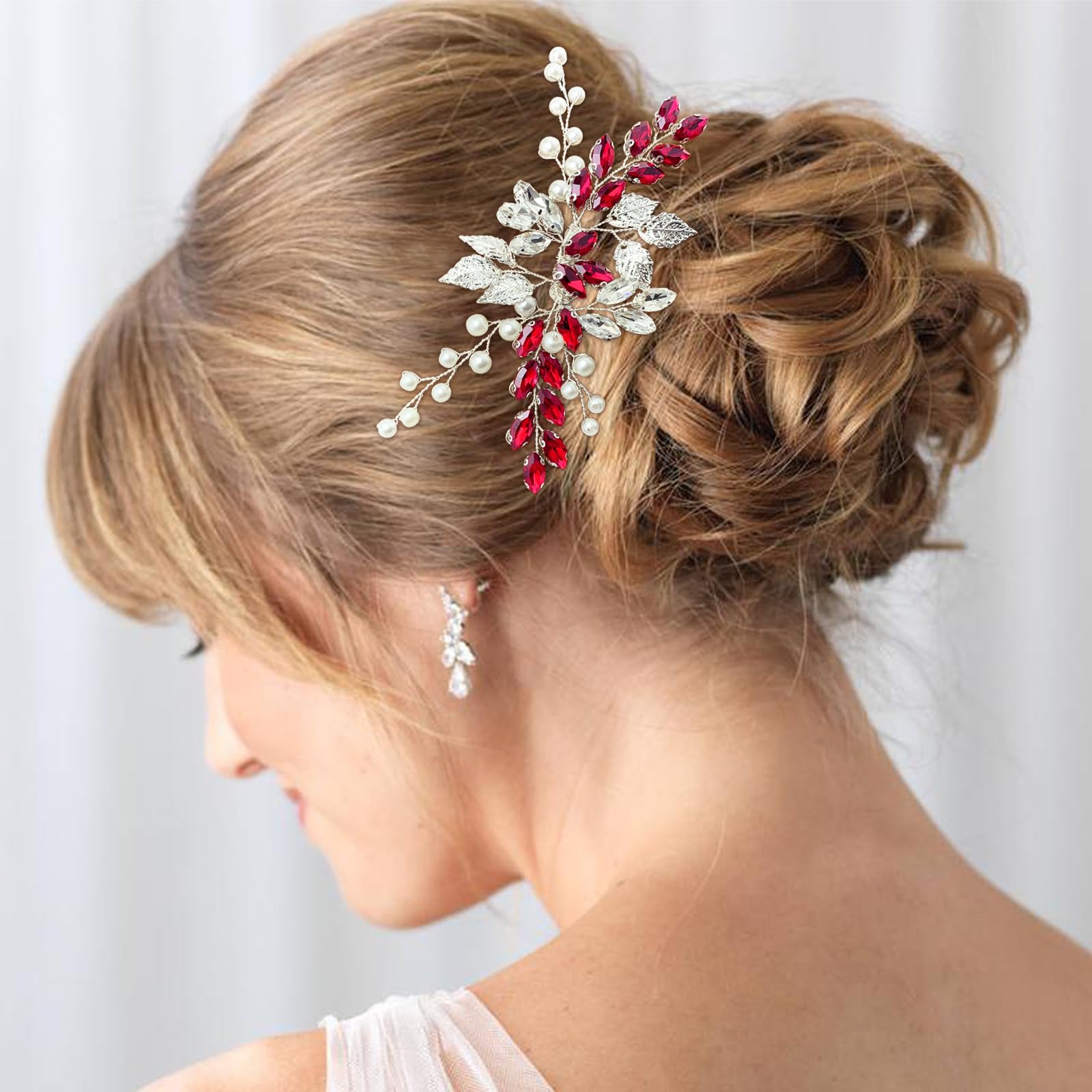Pettine per capelli da sposa con strass di cristallo, accessori per capelli con foglie argentate, per donne e ragazze, feste di ritorno a casa (rosso vino)