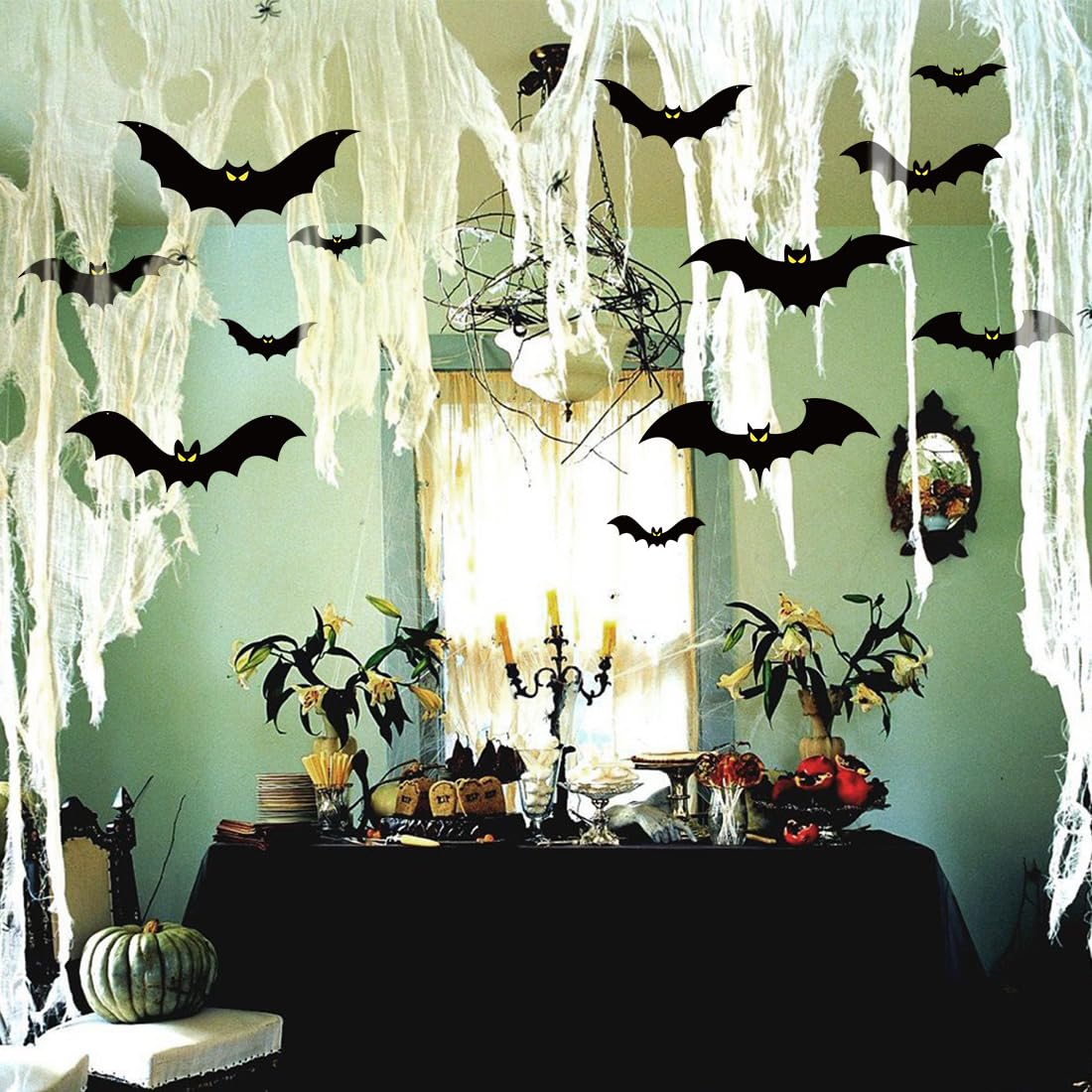 Wiszące nietoperze na Halloween, dekoracje na zewnątrz, duże latające nietoperze ze świecącymi oczami na Halloween, wiszące dekoracje na zewnątrz, 16 szt