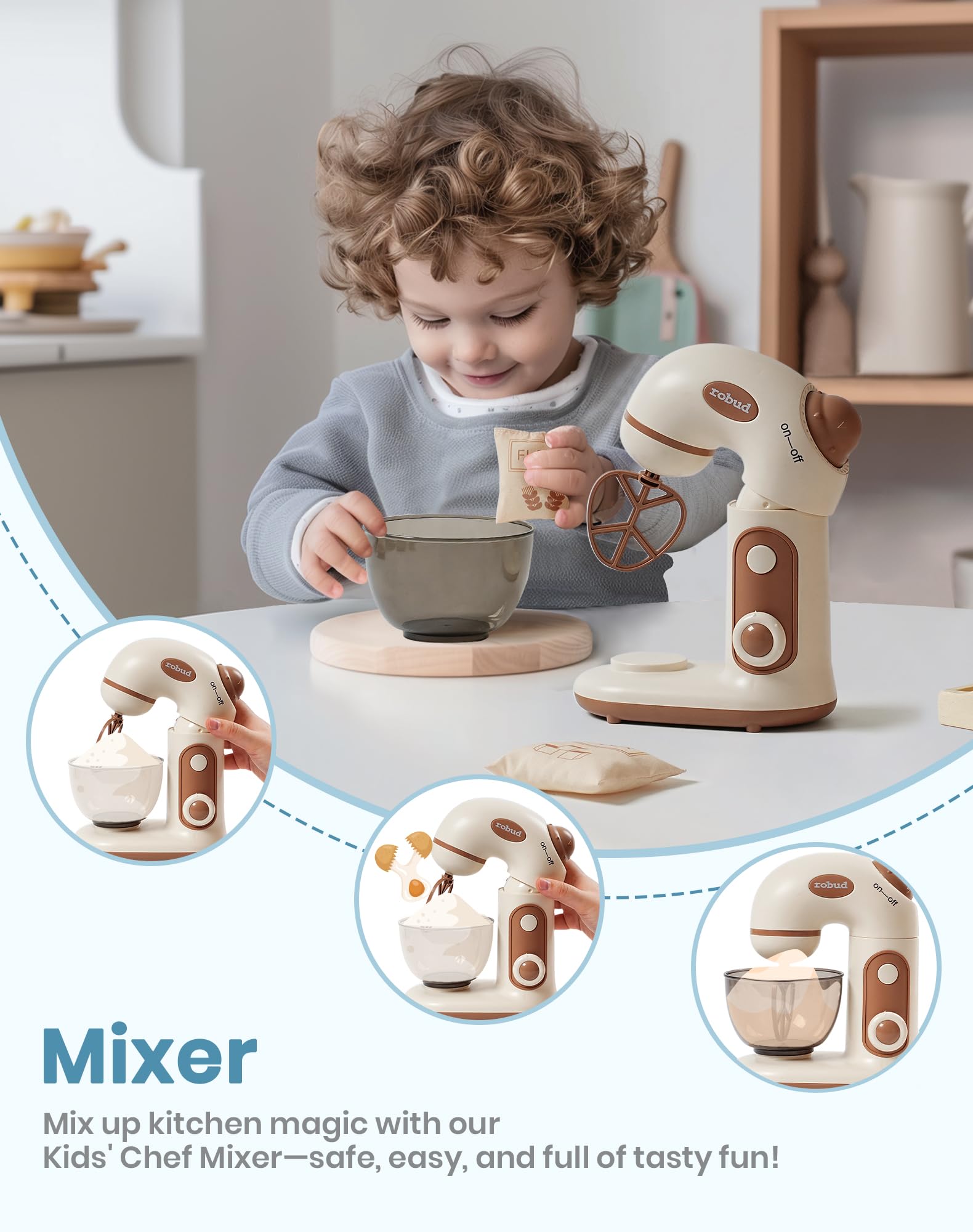 ROBUD Set di accessori da cucina per bambini, utensili da cucina, accessori per la cucina dei bambini, in legno per bambini, tostapane, frullatore, frullatore ad immersione, cuociuova – suoni