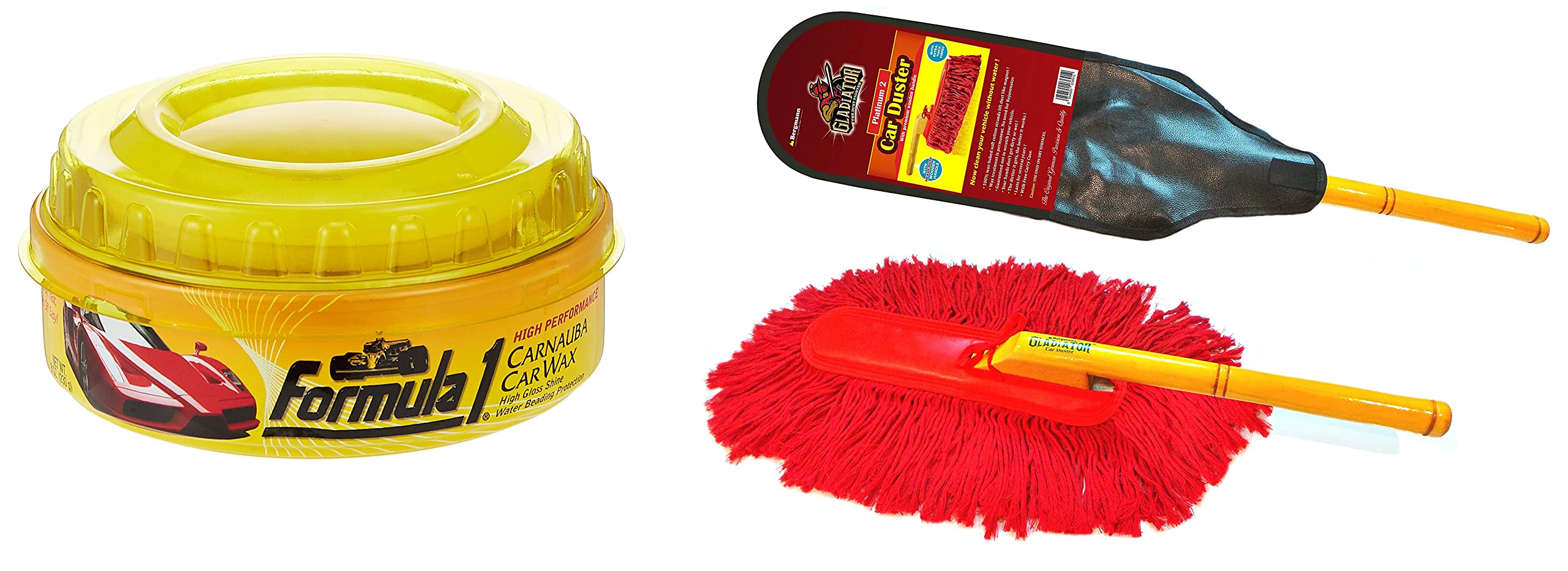 Formula 1 615026 Carnauba Paste Wax (230 g) & Bergmann Gladiator Platinum 2 Car Duster (with Wax-Baked Cotton Strands and Wooden Handle)