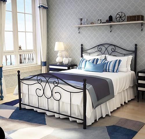 Miniatura 37 de TUSEER Base de cama de metal tamaño Queen con cabecero vintage y base de plataforma de estribo, marco de cama de hierro forjado (Queen, marrón