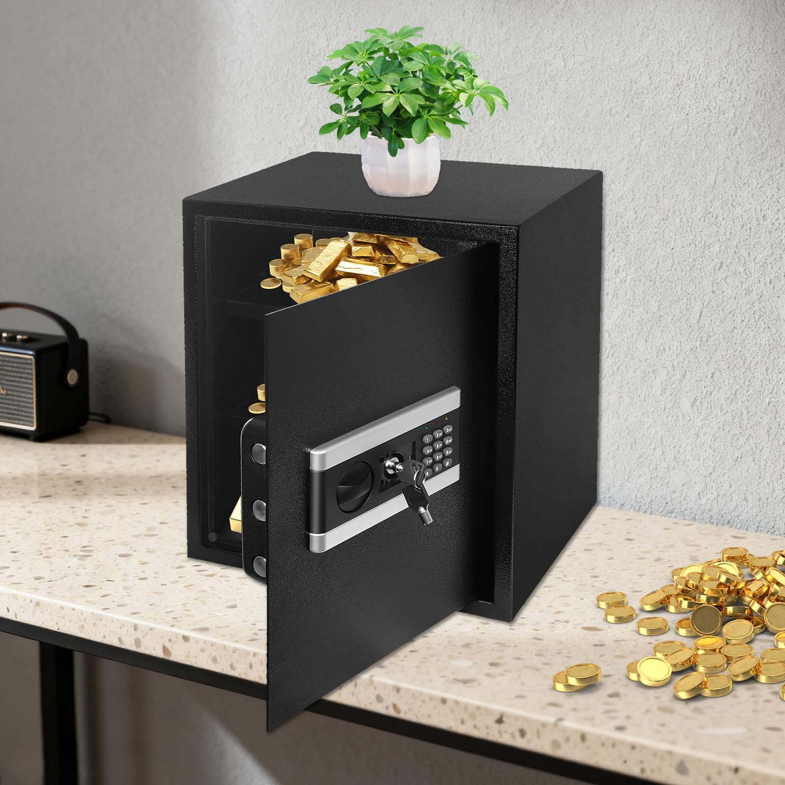 Cassaforte per casa, cassaforte per mobili con serratura a combinazione e chiave di ricambio, antifurto, 38 x 31 x 45 cm, in acciaio robusto per contanti, documenti e oggetti di valore