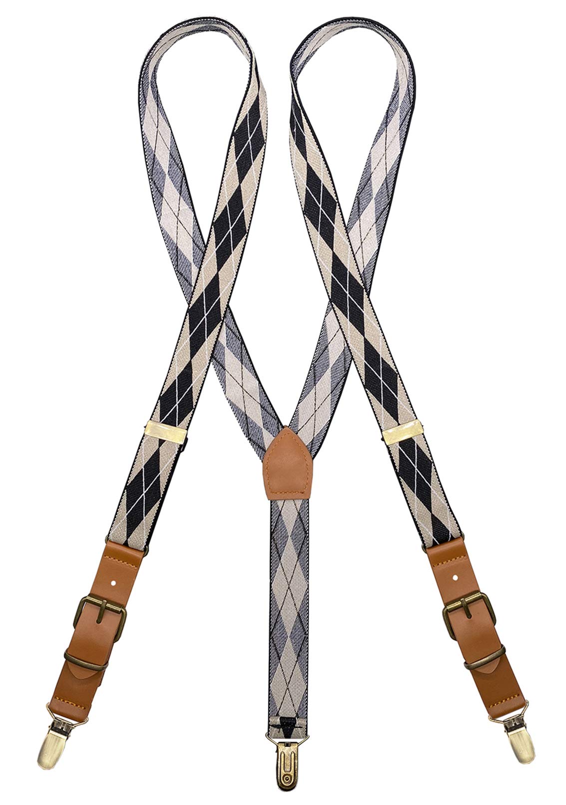 Adults Leather Suspenders Y-Back Tuxedo Braces With Bronze Non-slip Clip