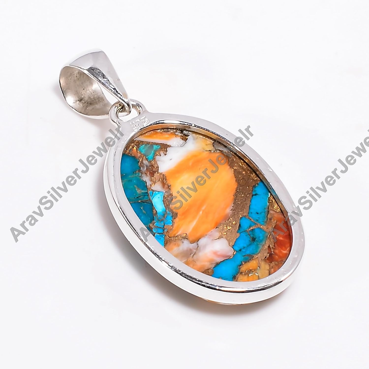 Natural Orange Spiny Oyster Turquoise Gemstone Solid 925 Sterling Silver Handmade Statement Pendant for Women Gift for Wife Girlfriend Mom