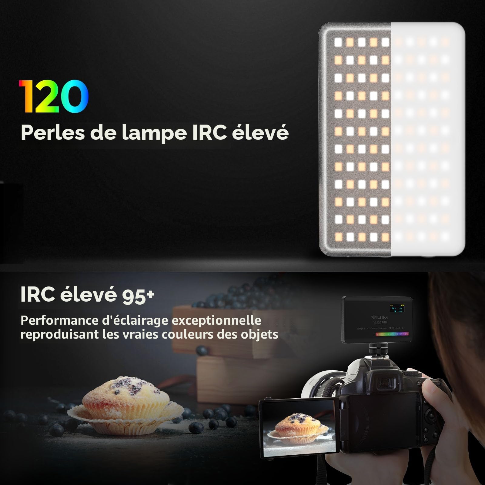 ULANZI VL120 RGB Lumière vidéo, Panneau Lumineux LED Portable pour caméra 0-360 Full Color, CRI 95+ 2500-9000K LED 3100mAh Rechargeable Eclairage DSLR pour Vlogging, Photographie, Vidéo Conférence