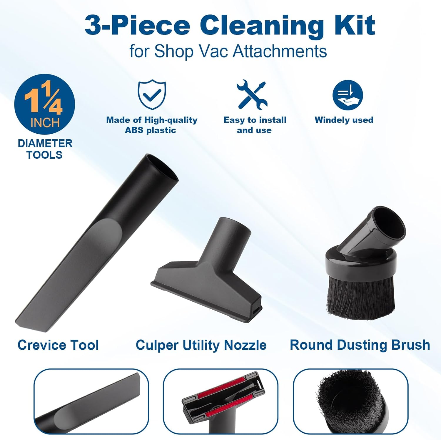 for Shop Vac Attachments Replacement 9064333, 1-1/4 (1.25“) (32MM) Inch Diameter for Wet/Dry Use Ideal for Upholstery and Carpets - Includes Round Brush, Crevice Tools and Gulper Tool - 3 Pack