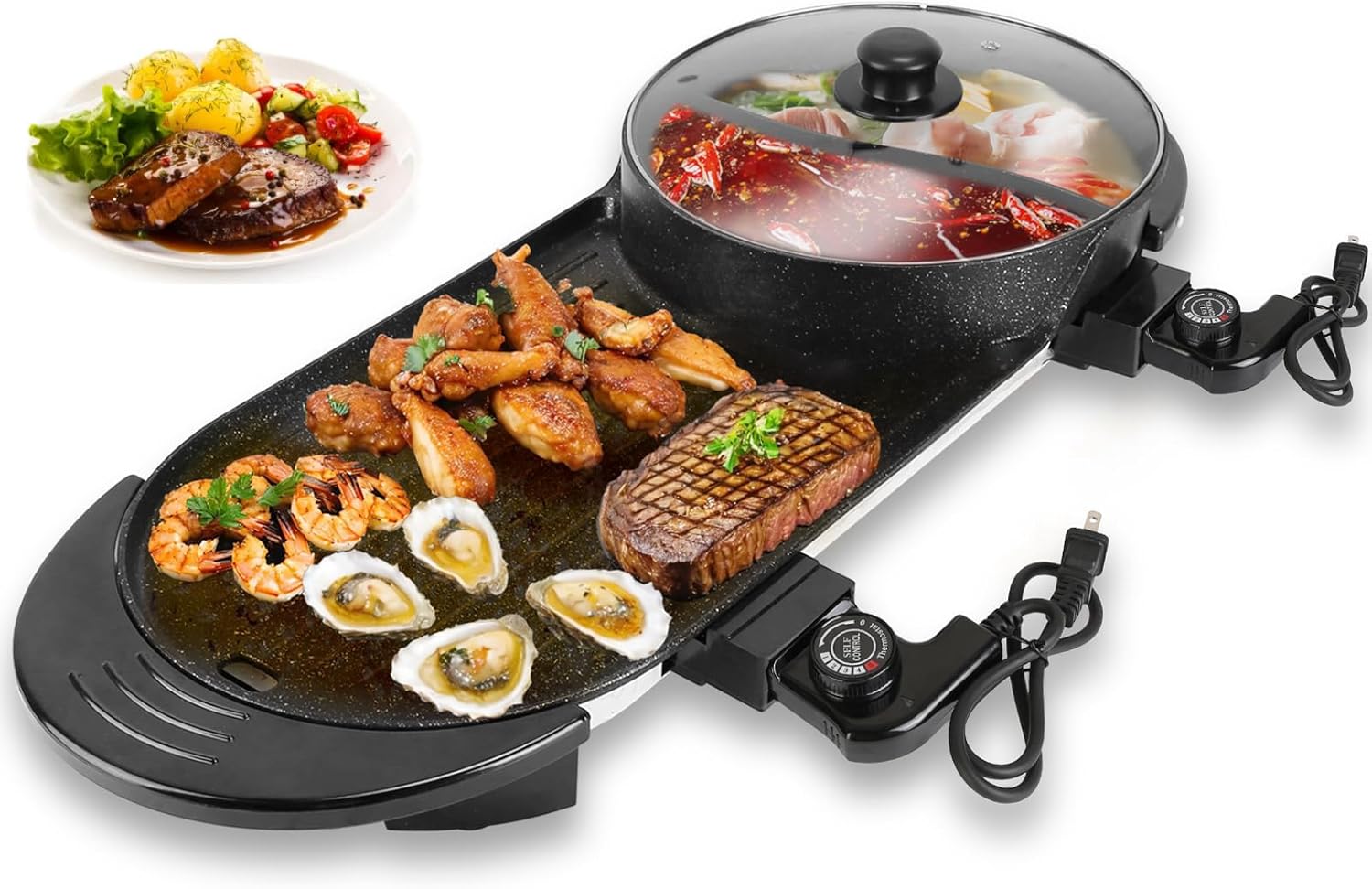Hot Pot with Grill, 2 in 1 Korean BBQ Grill Shabu Shabu Hot Pot, 2200W Indoor Smokeless Hotpot Pot Combo Electric W/Large Baking Tray, Divider & Separate Dual Temperature Control for 2-12 People, 110V