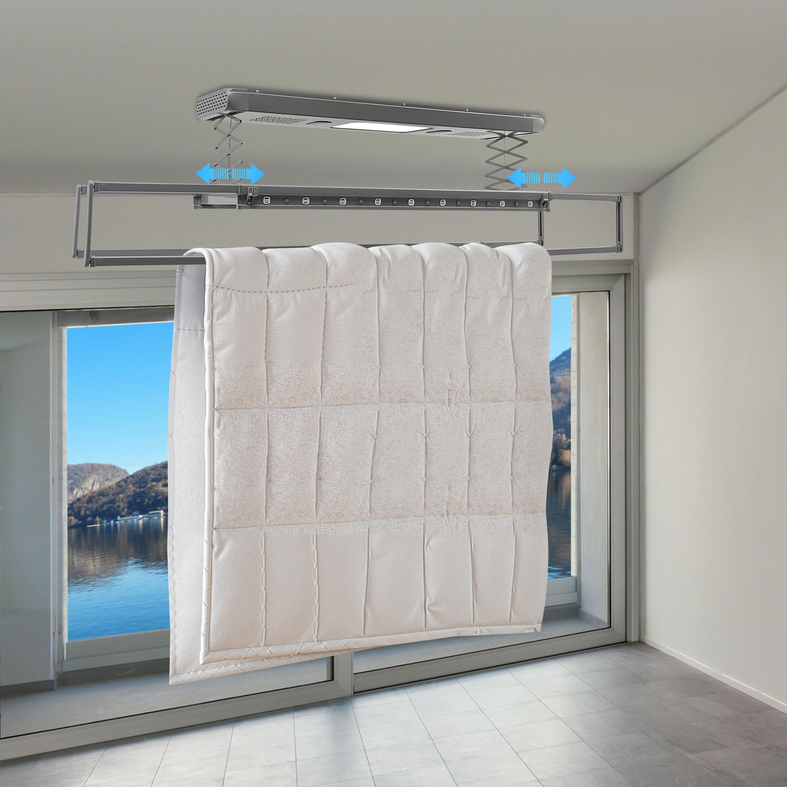 Elektrischer Wäscheständer Deckenmontage, Wand- und Decken-Wäscheständer mit Ventilator + Fernbedienung + Blaulicht-Sterilisation, Hebender Wäascheständer Decke, 130-215 cm Einstellbare (Grau)