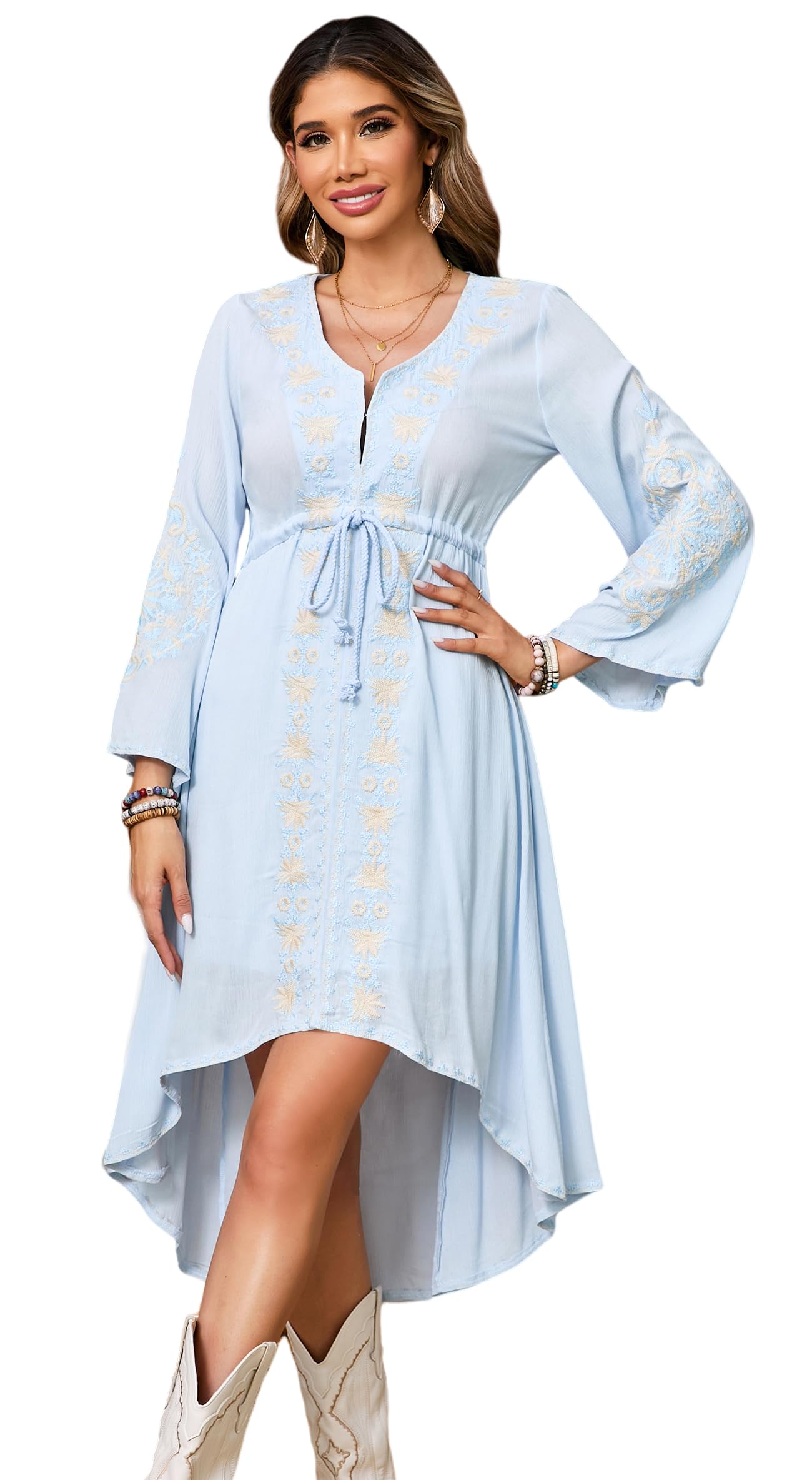 R.Vivimos Womens V Neck Bell Sleeve Vintage Floral Embroidered High Low Long Dresses