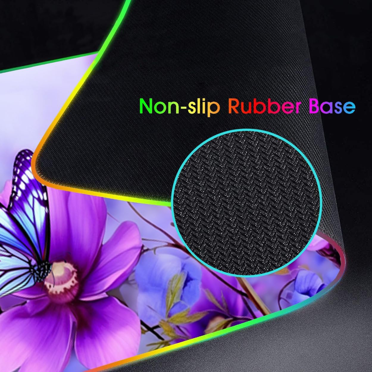 RGB Gaming Mouse Pad and Coffee Coaster, XXL Large Glowing LED Mousepad, Anti-Slip Rubber Base, Computer Keyboard Desk Mouse Mat 31.5 X 11.8 Inch - Purple Flowers and Butterfly