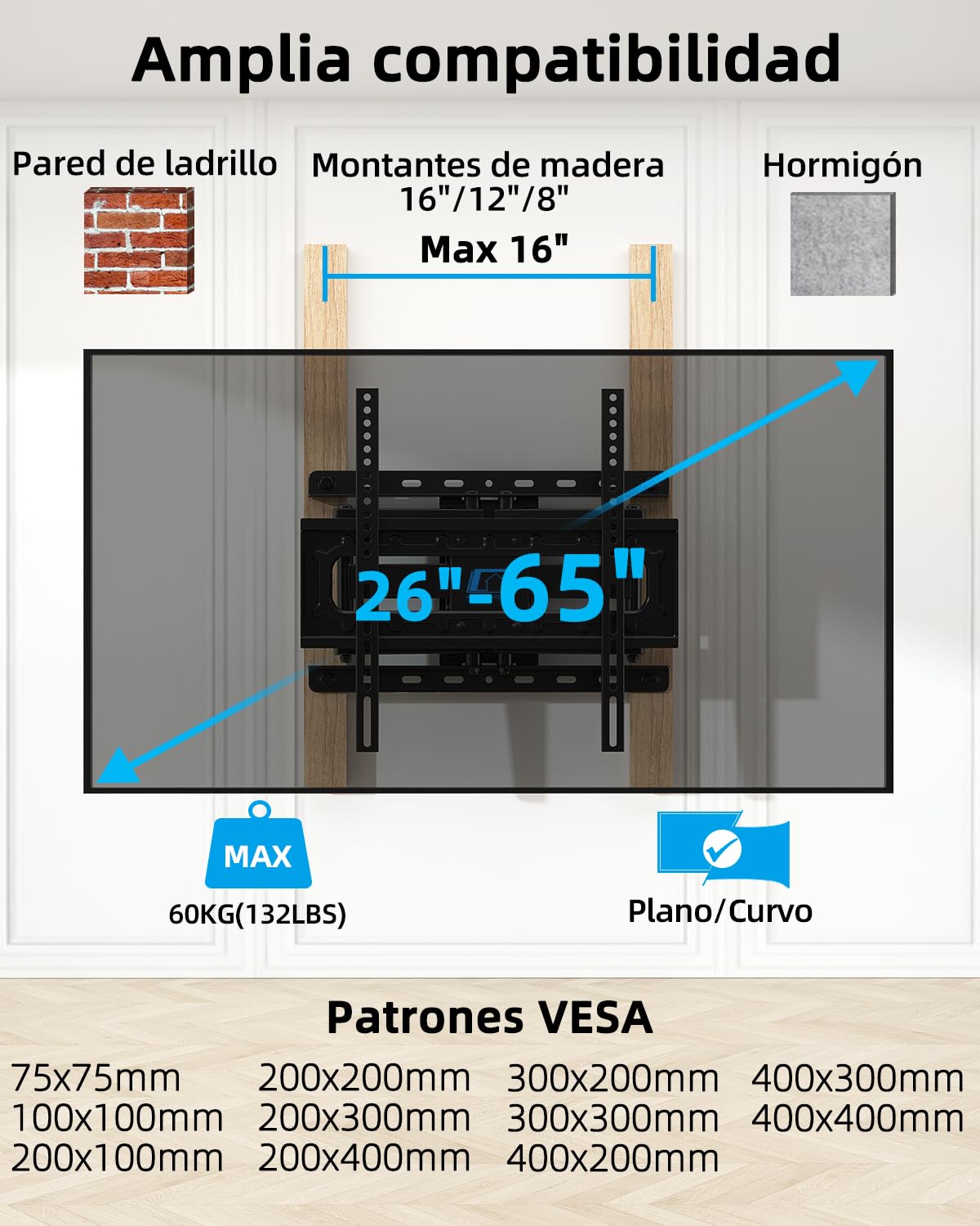 Home Vision TV Soporte De Pared Giratorio para 26-65 Pulgadas, Sujecion TV Pared Giratorio Inclinable Universal para Plana Y Curva Y Monitores, MAX VESA 400x400mm, hasta 60KG