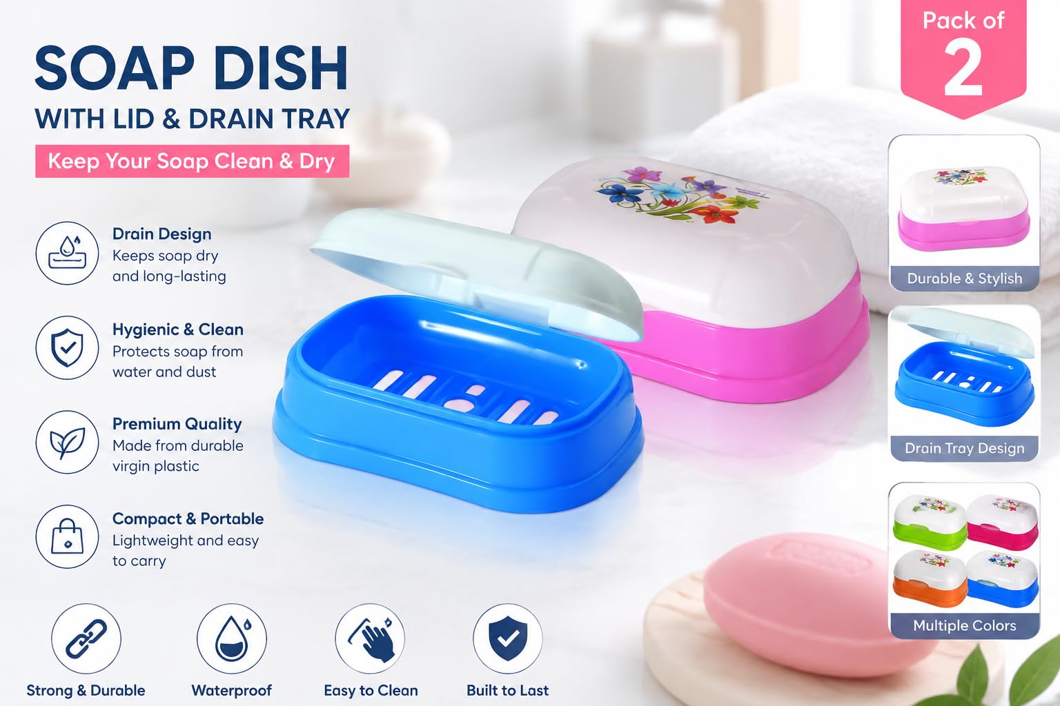 Dmitry Plastic Transparent Unbreakable Soap Case with Lid, Soap Holder, Soap Dish for Bathroom Kitchen Sink -Set of 2 (Multi Colors) 3