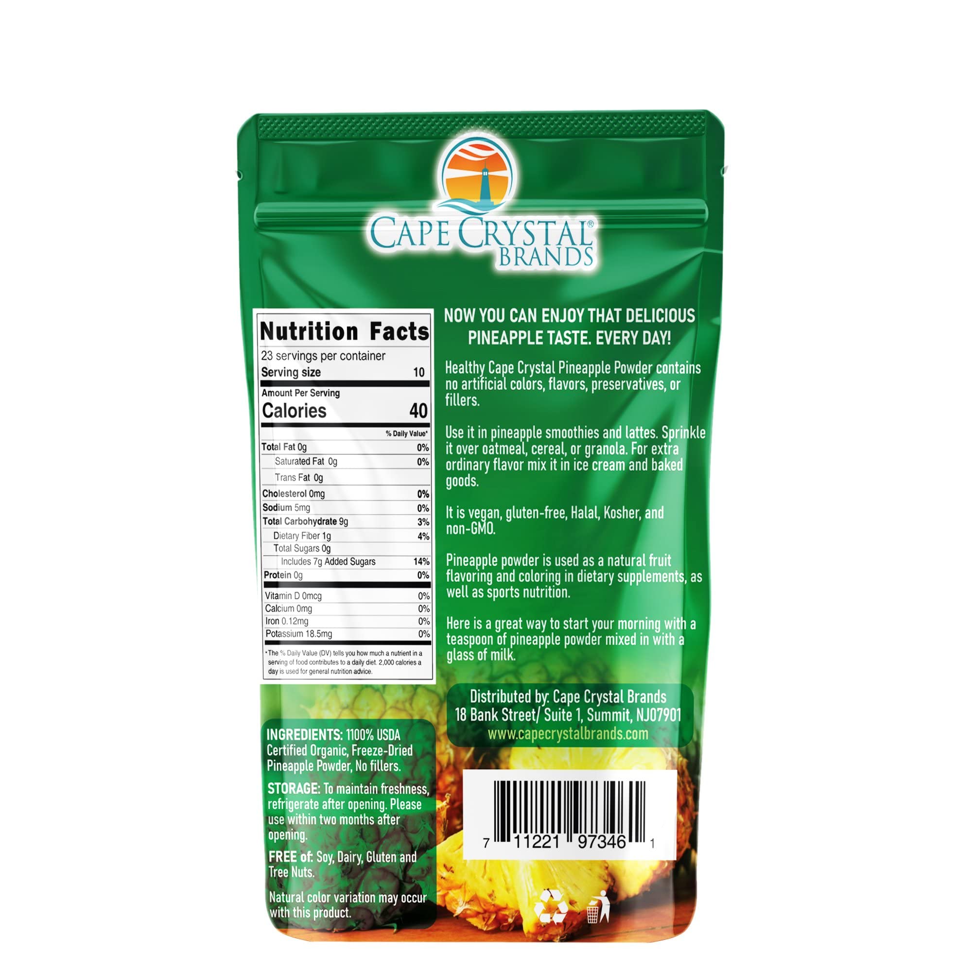 Cape Crystal 8-oz. Pineapple Powder Brands - Freeze-Dried, USDA Certified Organic, Gluten-Free, Non-GMO, Vegan