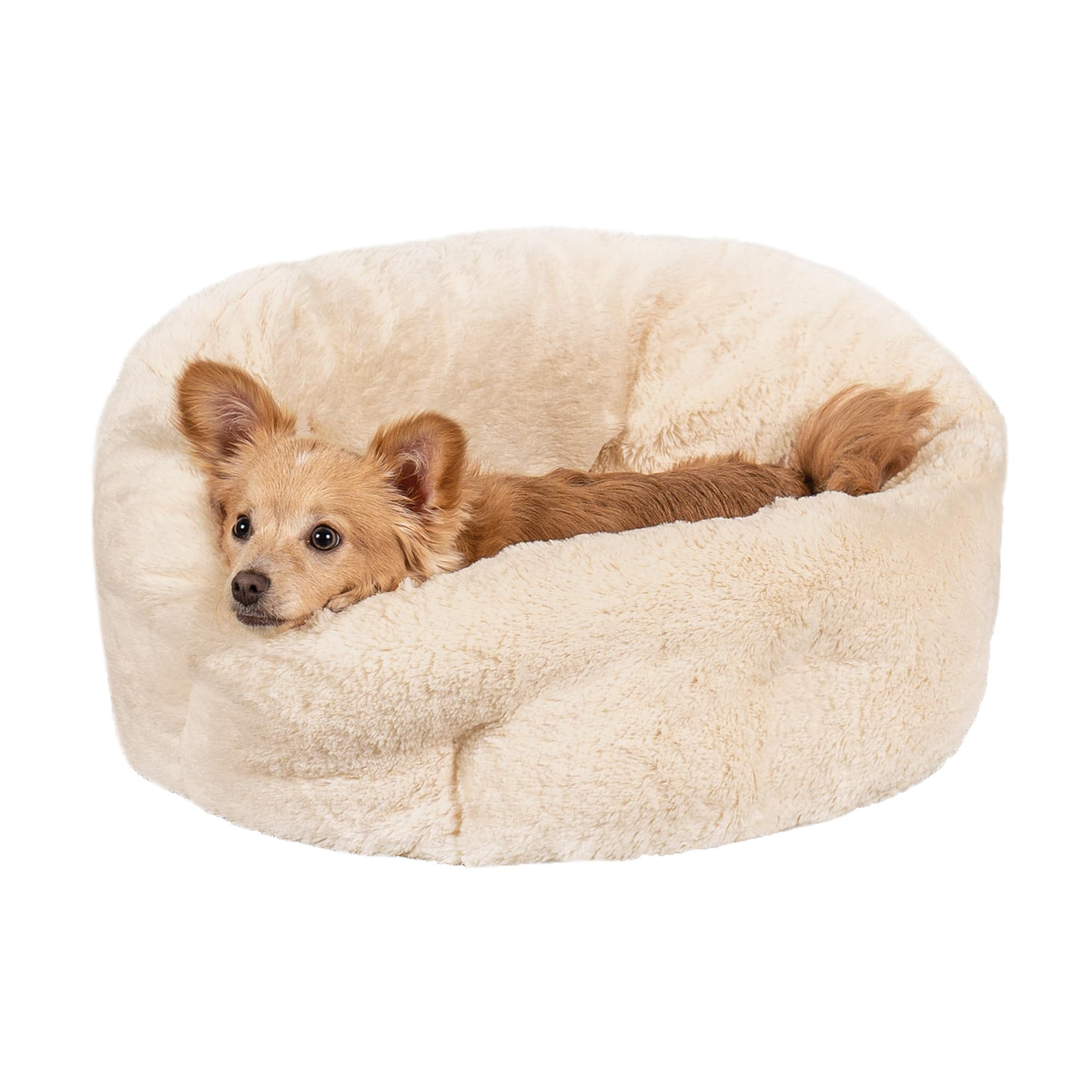 Furhaven 20" Round Self-Warming Pet Bed for Indoor Cats & Small Dogs, 100% Washable, For Pets Up to 20 lbs - Hi Lo Plush Luxe Faux Fur Cuddler - Cream, Small