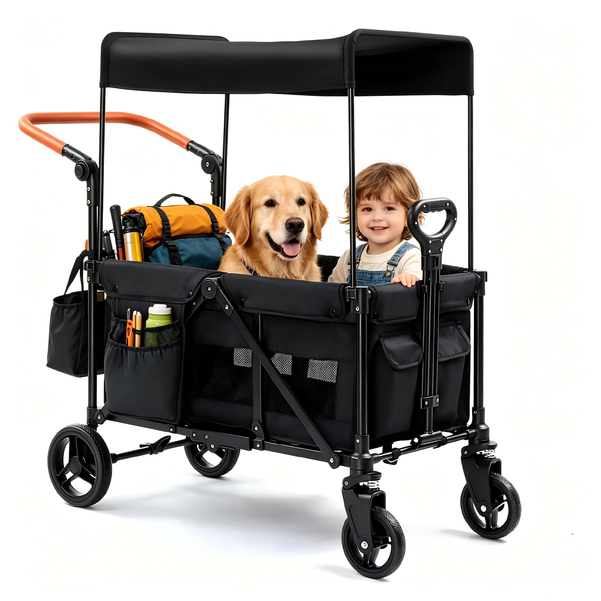 Bonnlo Carro Plegable de Transporte con Ruedas, Carro Playa Niños con Cinturón, Capacidad de 45 kg o Dos Niños, con Toldo Integrado y Freno de Pedal, Negro