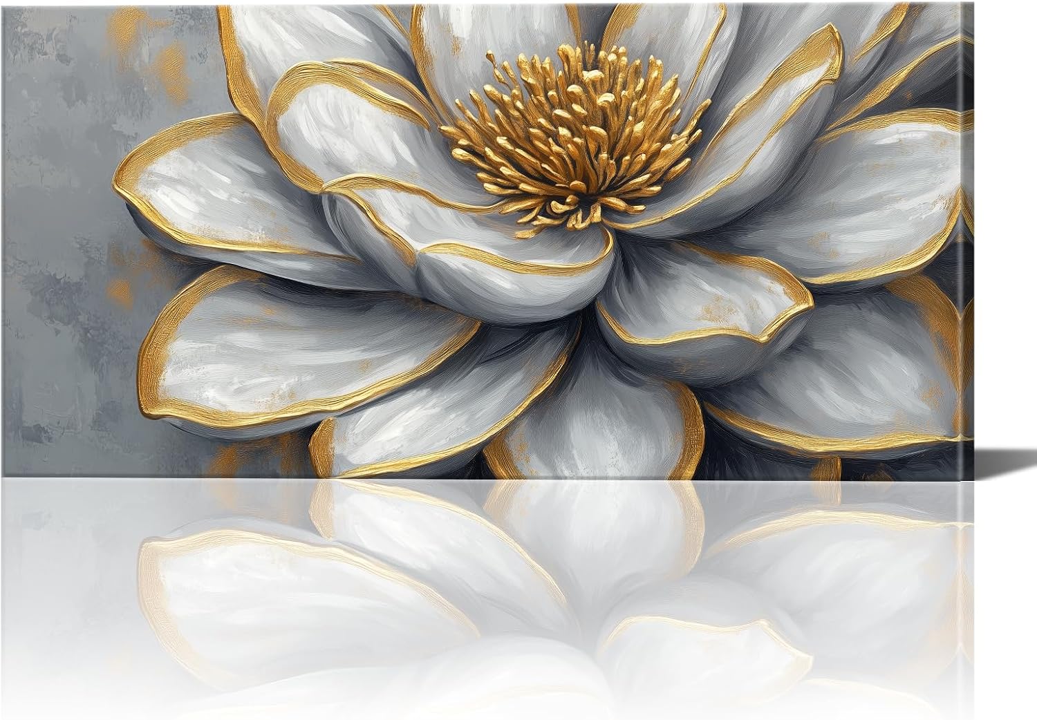 PLIDAAYO Lotus Flower Wall Art Large Grey Gold Lotus Canvas Print White Floral Poster Bloom Calm Painting Flower Picture for Bedroom Living Room Office Home Decor(Flo-03,12"x24")