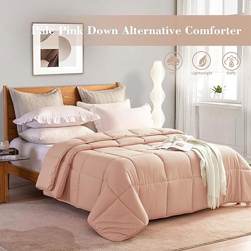 Miniatura 2 de L LOVSOUL Edredón alternativo de plumón Queen para todas las estaciones, con pestañas en las esquinas, edredón rosa claro, tamaño Queen de 90 x 90