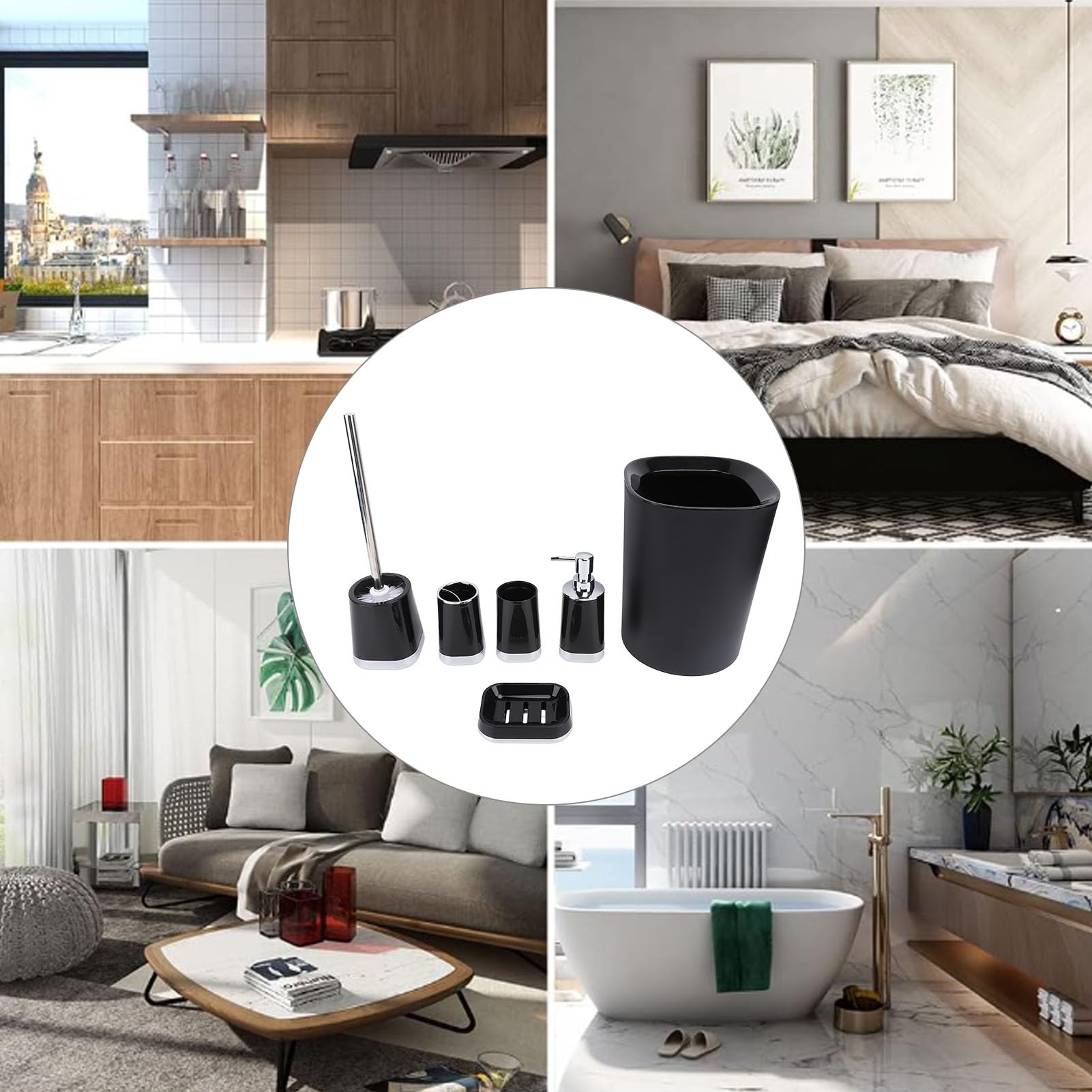 6-częściowy czarny zestaw do kąpieli - akcesoria łazienkowe: kosz na śmieci kubek do płukania ust szczotka toaletowa dozownik mydła - stylowe i funkcjonalne niezbędne artykuły domowe