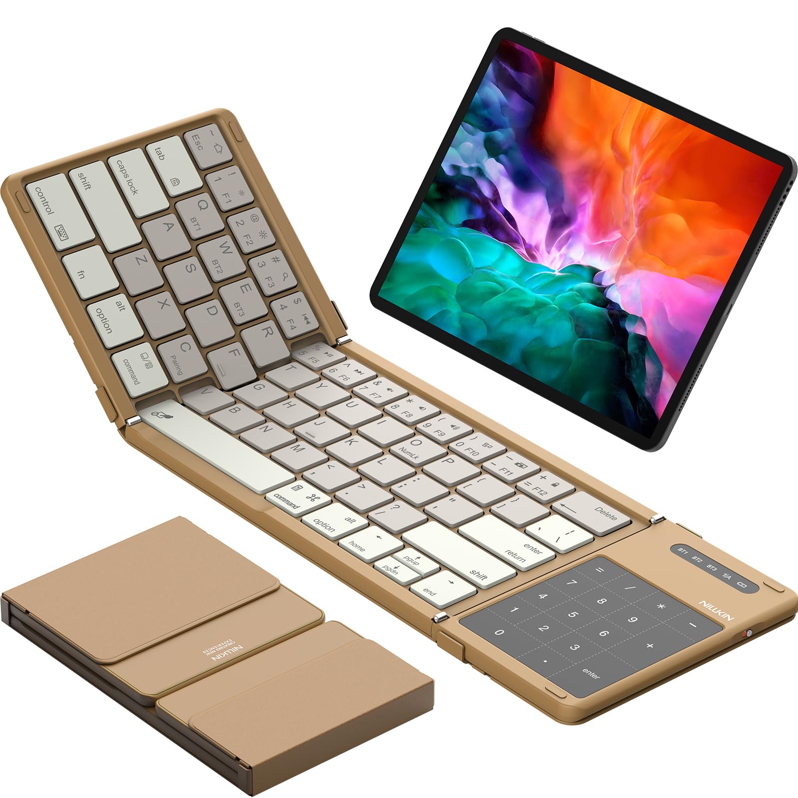Photo 1 of Nillkin Foldable Bluetooth Keyboard with Touchpad & Number Pad, Portable Bluetooth Keyboard with Full Size Keys, Pocket-Sized Wireless Travel Keyboards for iPad, Smartphone, Tablet and Laptop Khaki