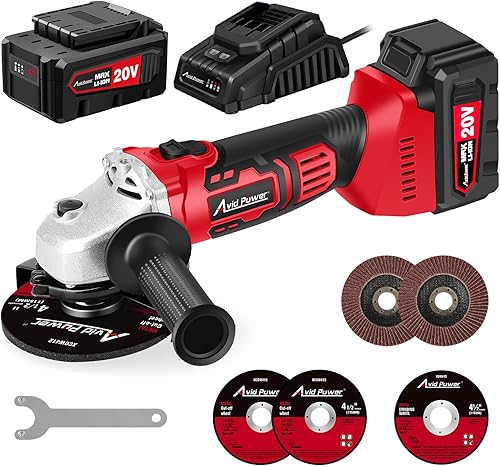 AVID POWER Amoladora angular inalámbrica de 20 V con motor de 4 polos con batería de 4.0 A y cargador rápido, muelas abrasivas de 4-12 pulgadas,