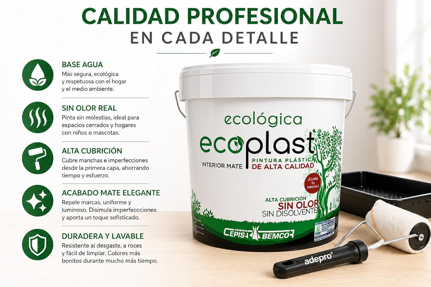 CEPLAST Kit Pintura Ecológica Interior 4L – Certificado Ecolabel, Sin Olor y Baja Emisión, Incluye Rodillo, Cubeta y Accesorios – Pintura Blanca Mate para Hogar Saludable