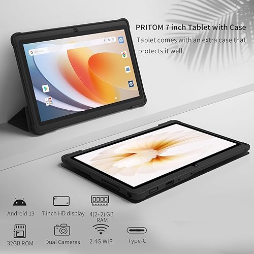 Miniatura 2 de PRITOM K7PRO Tablet de 7 pulgadas con funda de 32 GB - Tablet PC Android 13 con procesador de cuatro núcleos, pantalla HD IPS, cámara dual, WiFi,