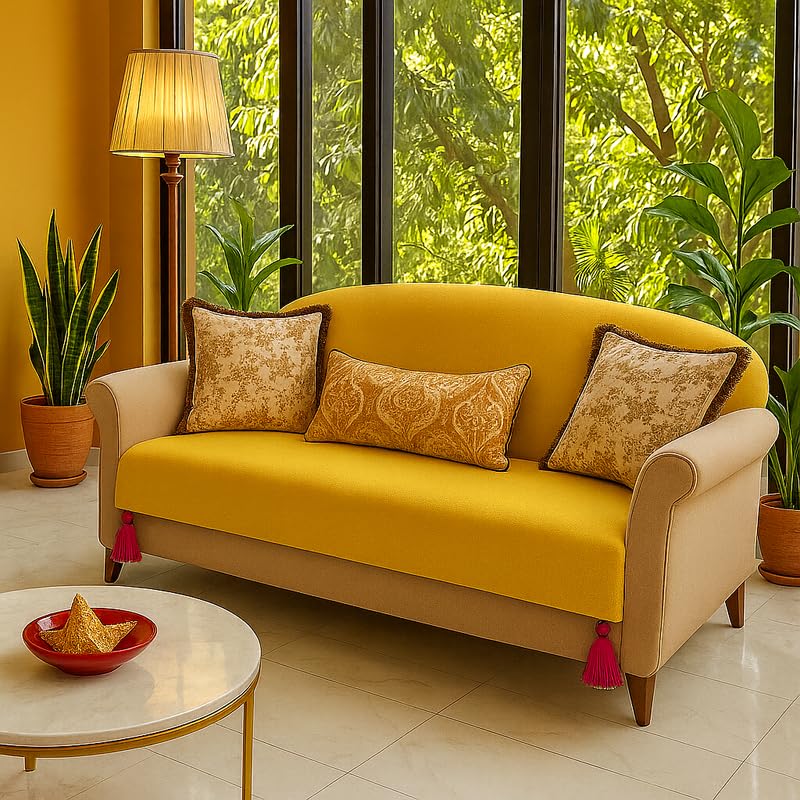 Image of Light Yellow U-Shape Fully Covered Sofa Cover Set for 11 Seater | 4+3+4 Sofa with Tassels | Anti-Slip Seat & Back Cover Set of 6 | Multicolour Boho Corner Tassels Sofa Throw | Festive Sofa Cover