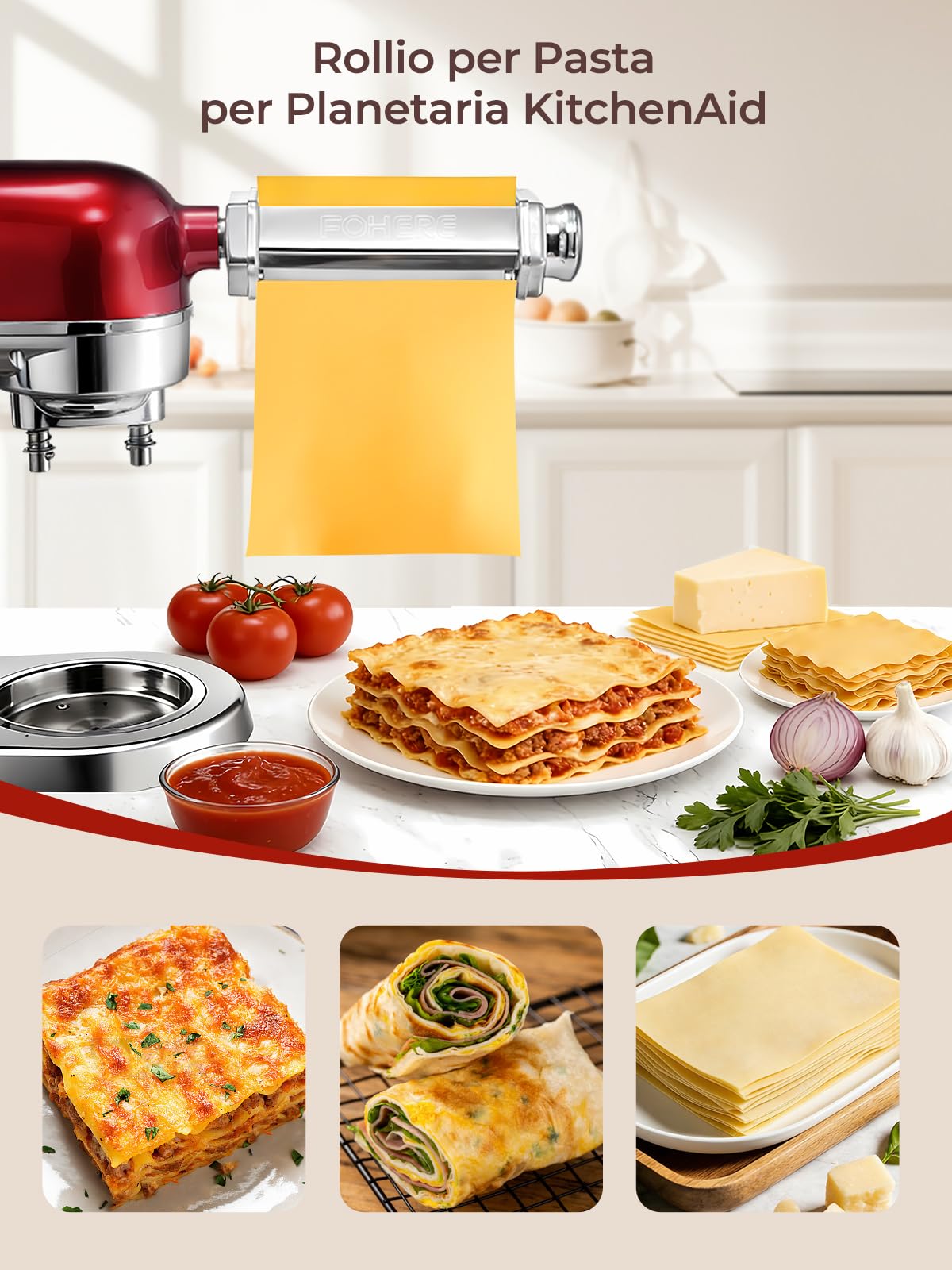 FOHERE Accessorio per Pasta per KitchenAid, Kitchenaid Accessori Inclusi Rollio per Pasta e Spazzola per la Pulizia (7 Spessori Regolabili)
