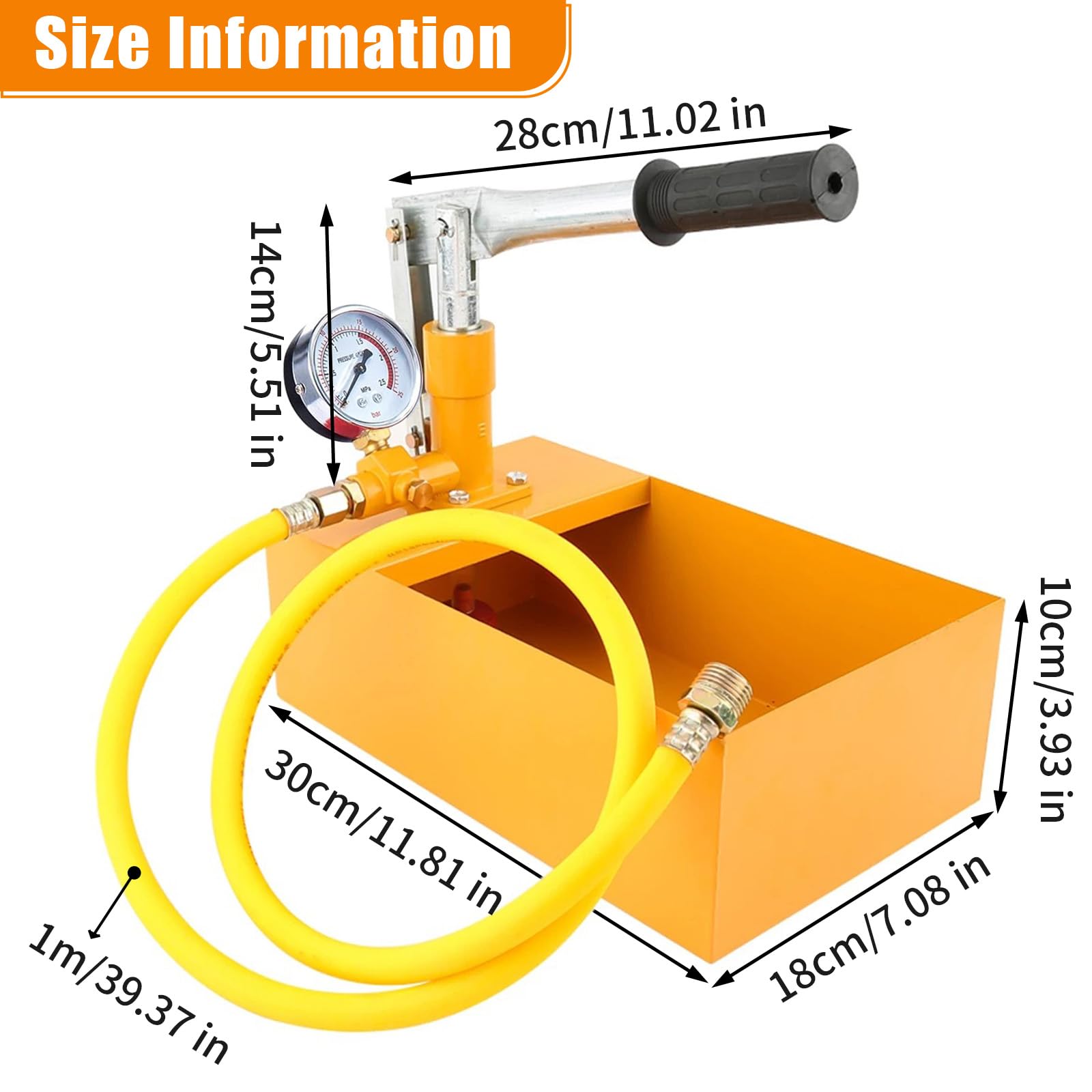 5 Litri 0-25 Bar Pompa Prova Pressione Manuale con Tubo Metro 1, 25KG Strumento Testaggio Idraulica per Tubazioni, Tester Pressione Acqua per Recipienti Pressione, Via Navigabile, Valvole(Giallo)