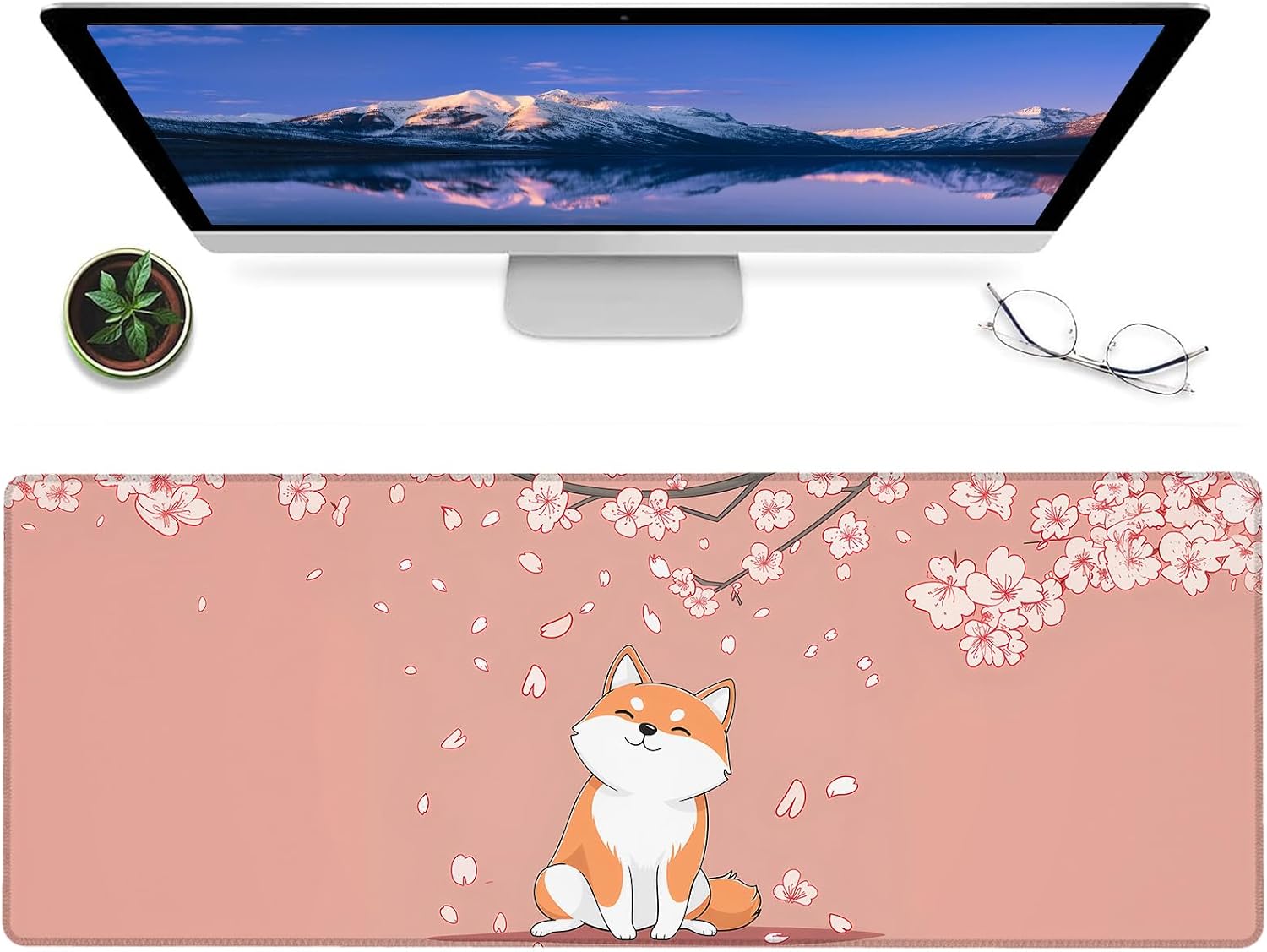 Shiba Inu Gaming Mouse Pad,12x31.5in Non-slip Rubber Cute Dog Japanese Puppy Desk Mat,Large Extended Pink Cherry Blossom Mousepad for Office Home Laptop,Mice Pads Gifts,Game Lover Deskmat Decor