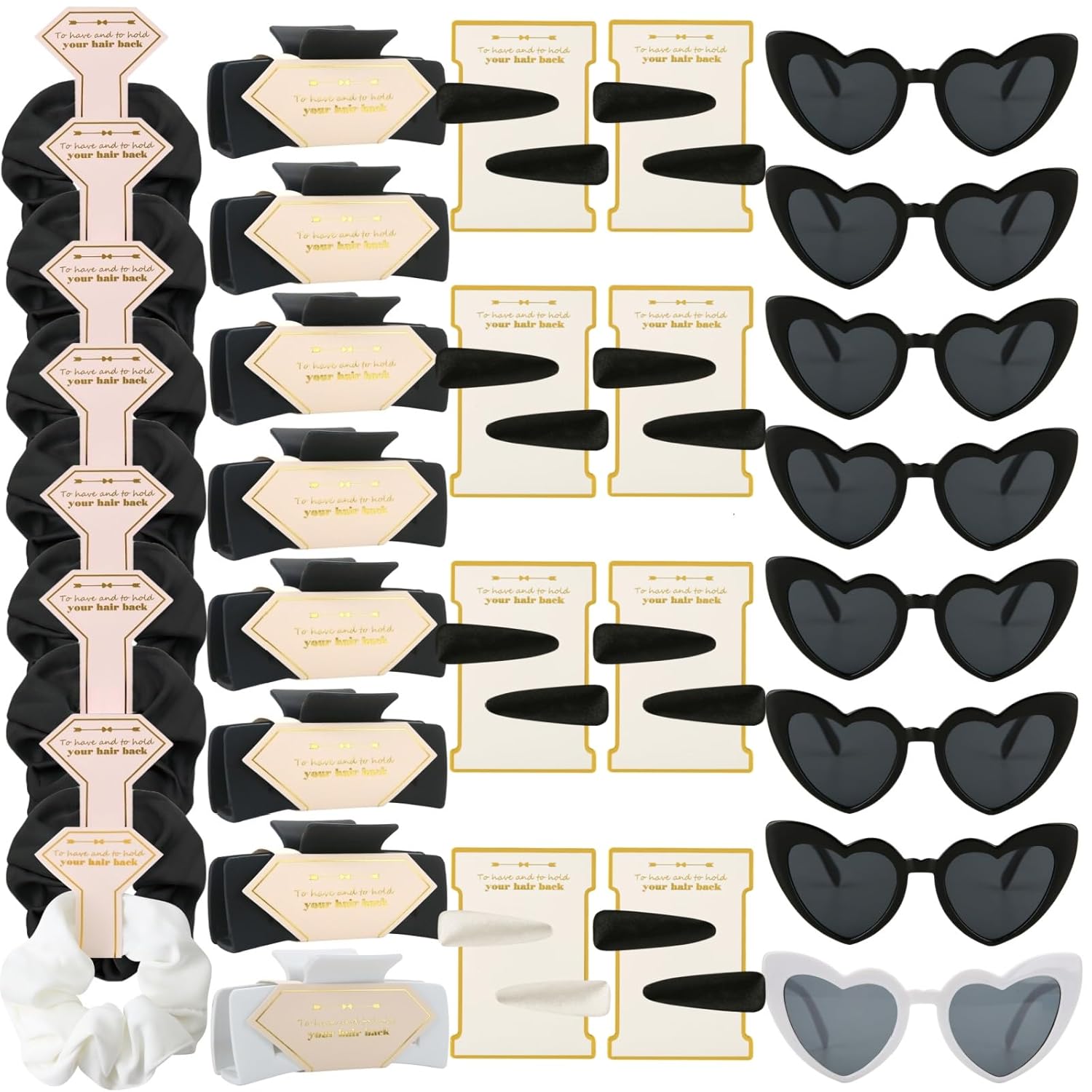 Bridesmaid Gift Pack: Scrunchies, Clips & Heart Sunglasses (White & Black)