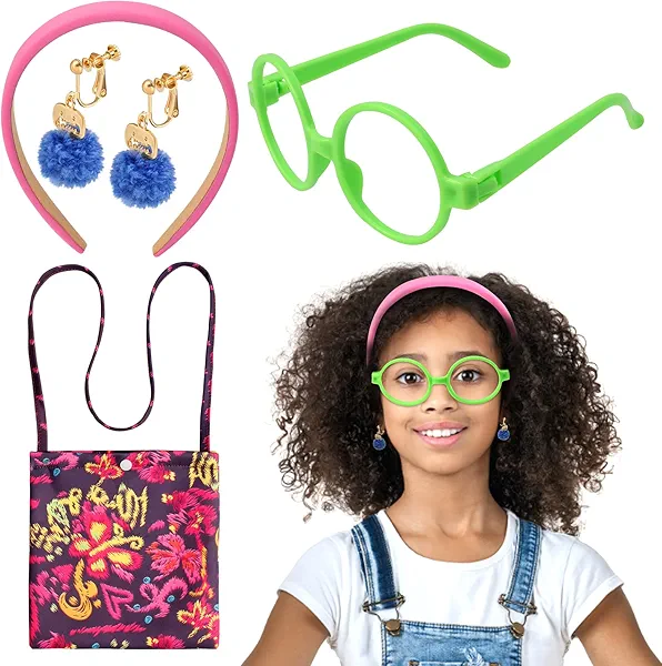 Keymall for Mirabel Cosplay Costume Accessories Set Including Soft Foam Headbands Glasses Frame Pompom Clips On Earrings Bag for Kids Little Girls Multicolored